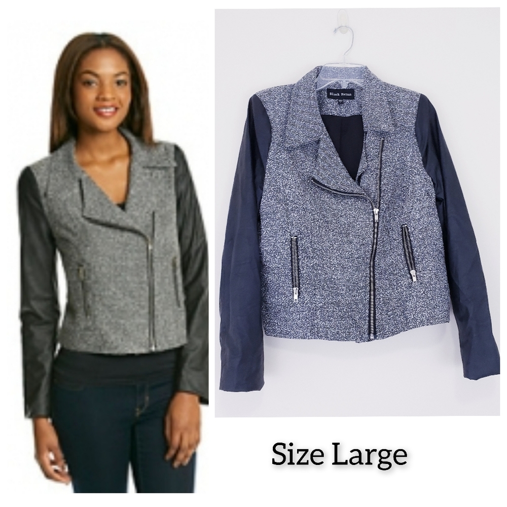 Tweed and Leather Black Gray Moto Jacket Vegan Leather Daniel Rainn Size Large